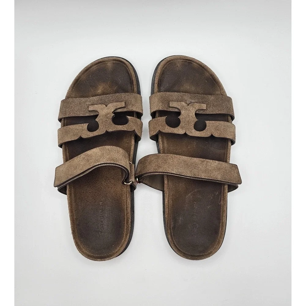 Tory Burch Ines Suede Leather Sport Slide Sandal Size 10 Brown Hook Loop Straps